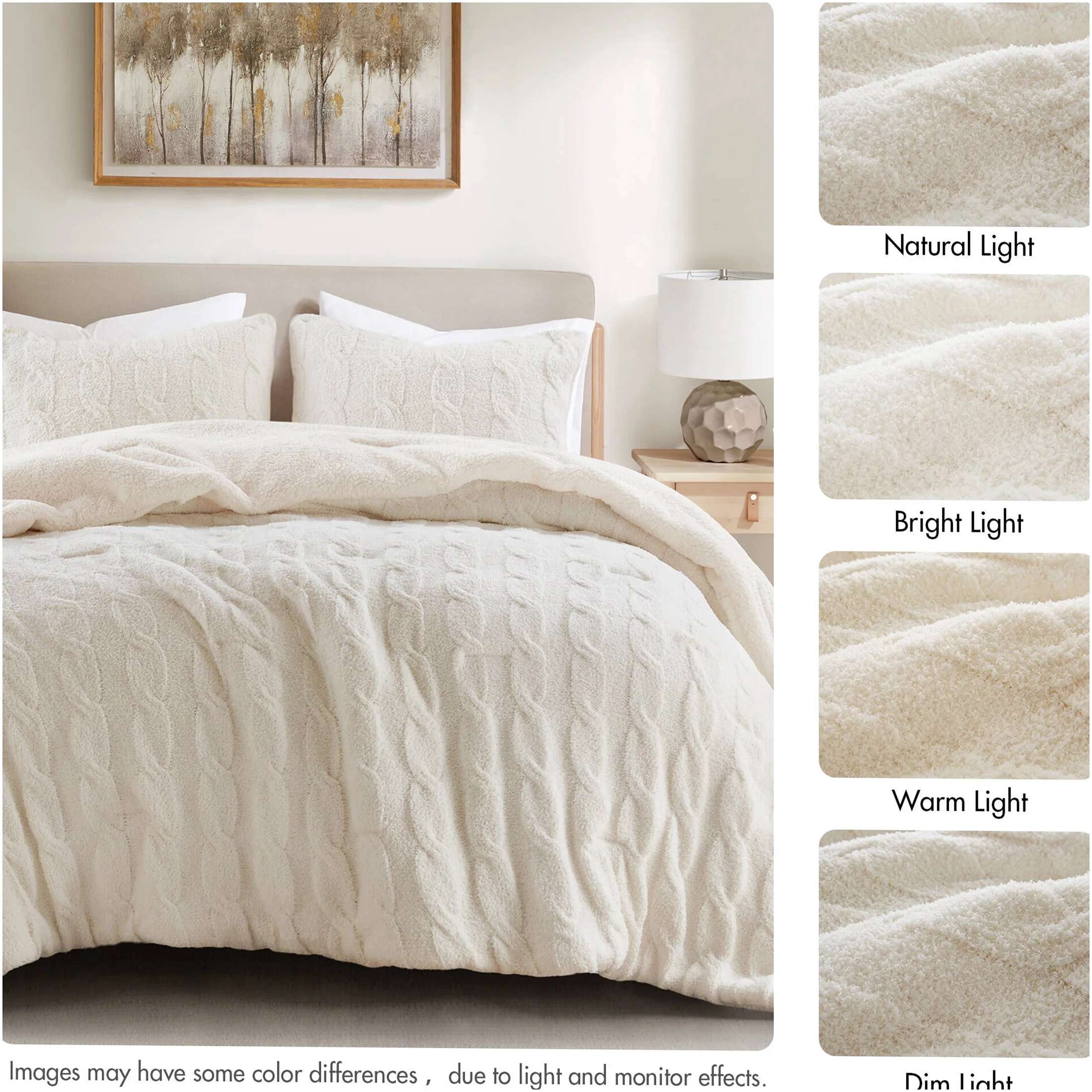 Cable Knit Chenille Comforter Set with Sherpa Fleece – Ultra Soft Reversible 3-Piece Bedding Set (Ivory)