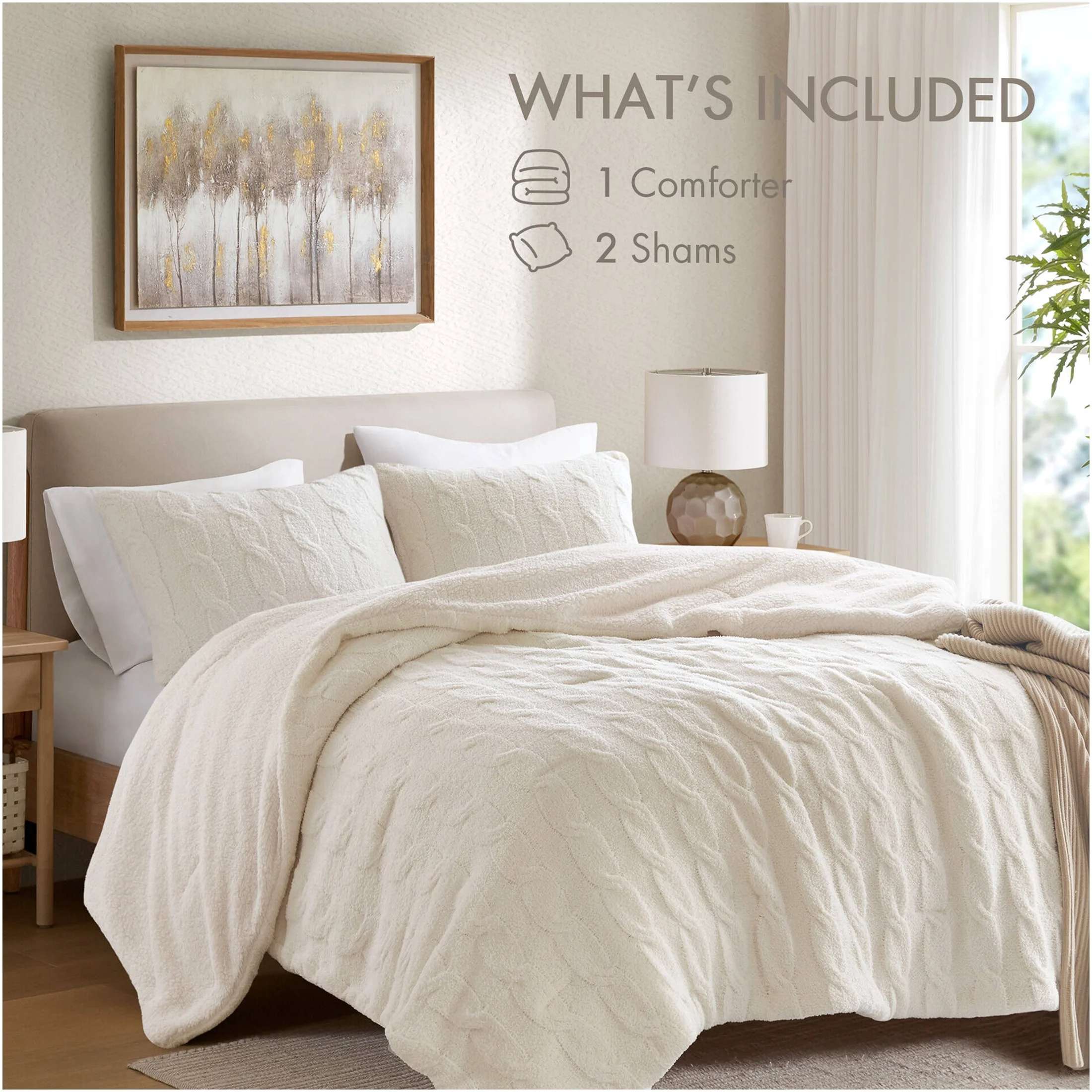 Cable Knit Chenille Comforter Set with Sherpa Fleece – Ultra Soft Reversible 3-Piece Bedding Set (Ivory)