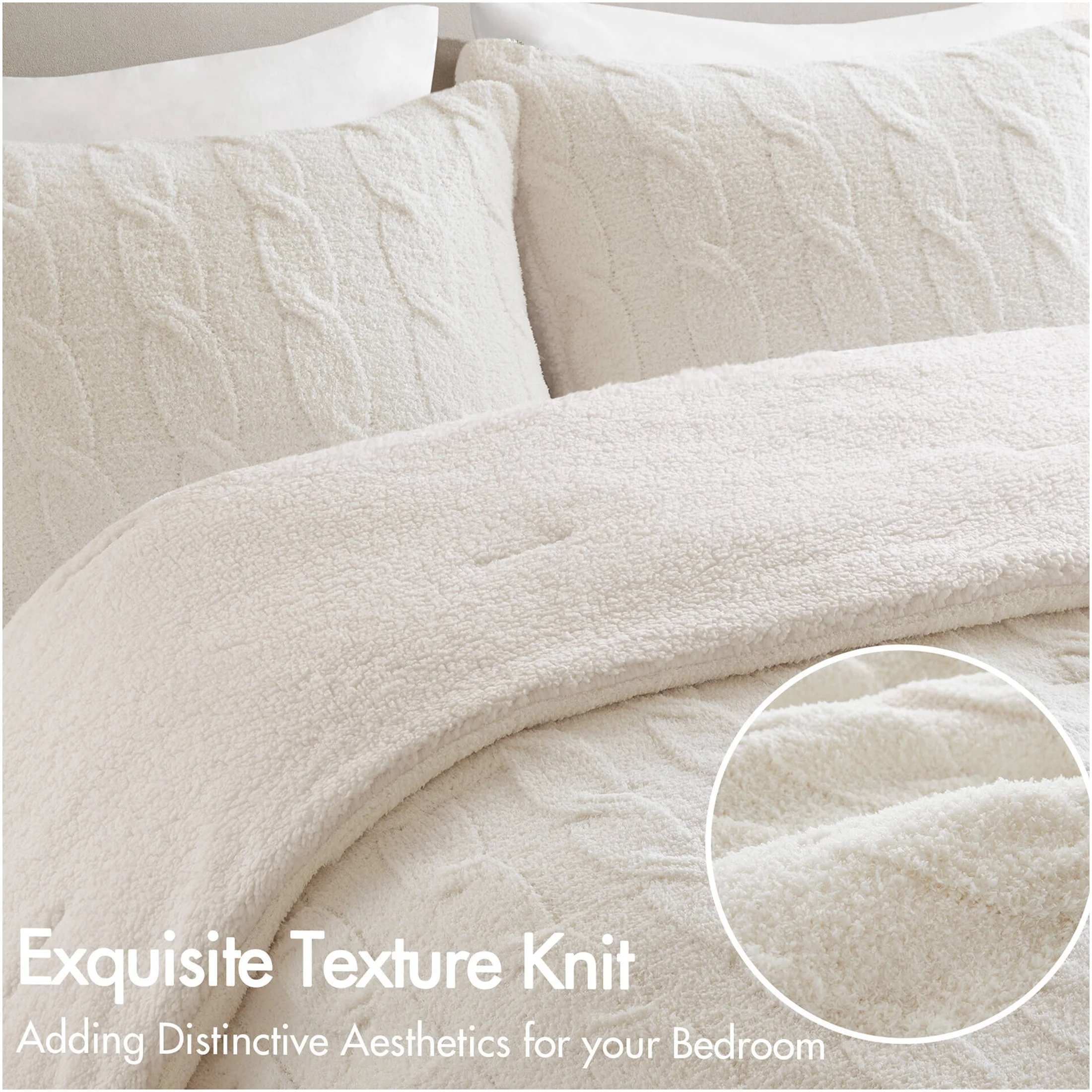 Cable Knit Chenille Comforter Set with Sherpa Fleece – Ultra Soft Reversible 3-Piece Bedding Set (Ivory)