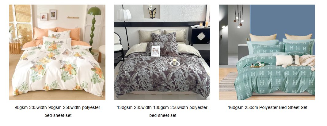 Polyester bed sheet set options including 90gsm, 130gsm, and 160gsm fitted sheet set designs