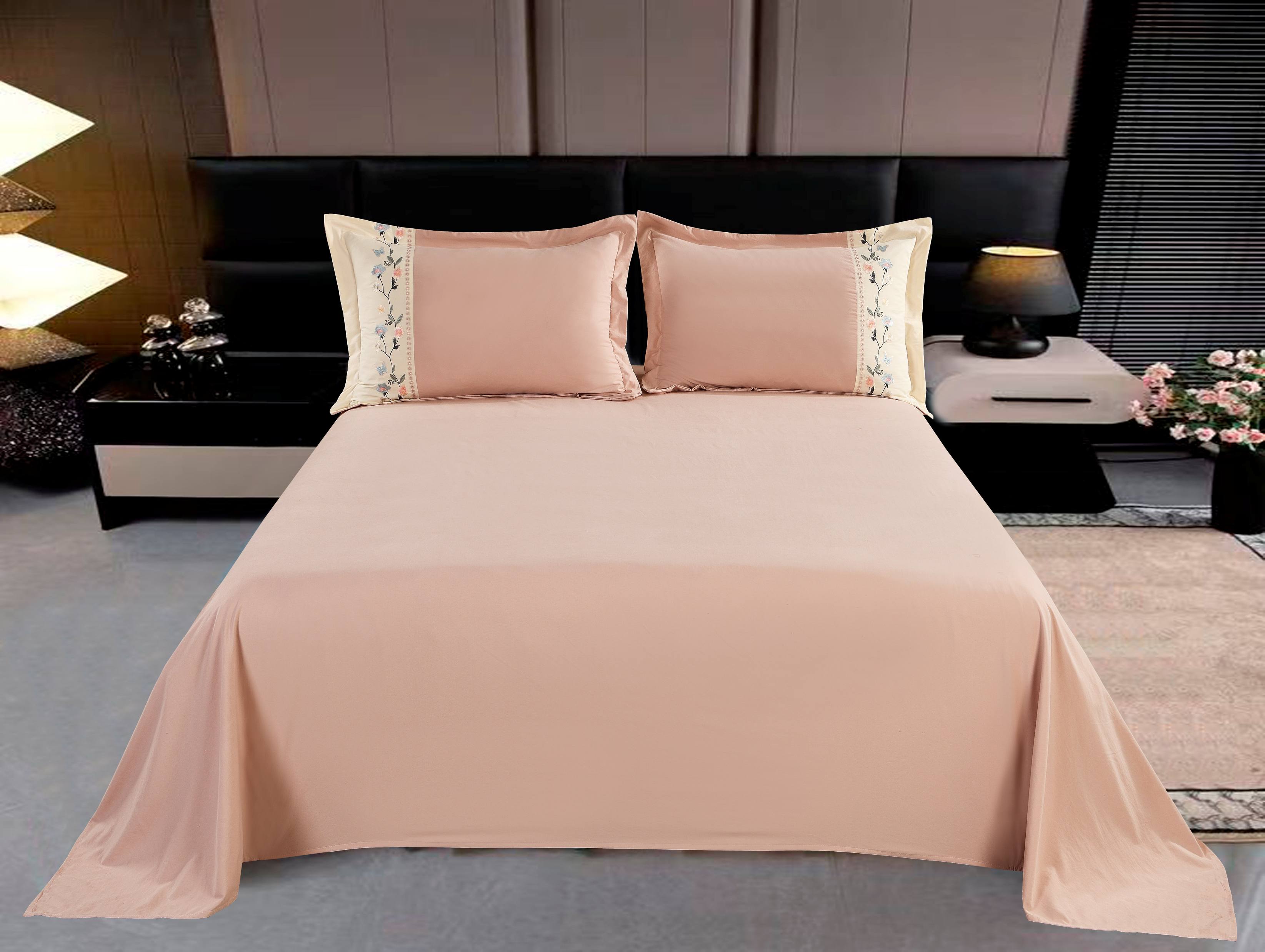 Polyester Brushed Fabric 3-Piece Sheet Set | Bed Sheet & 2 Spliced Embroidery Pillowcases