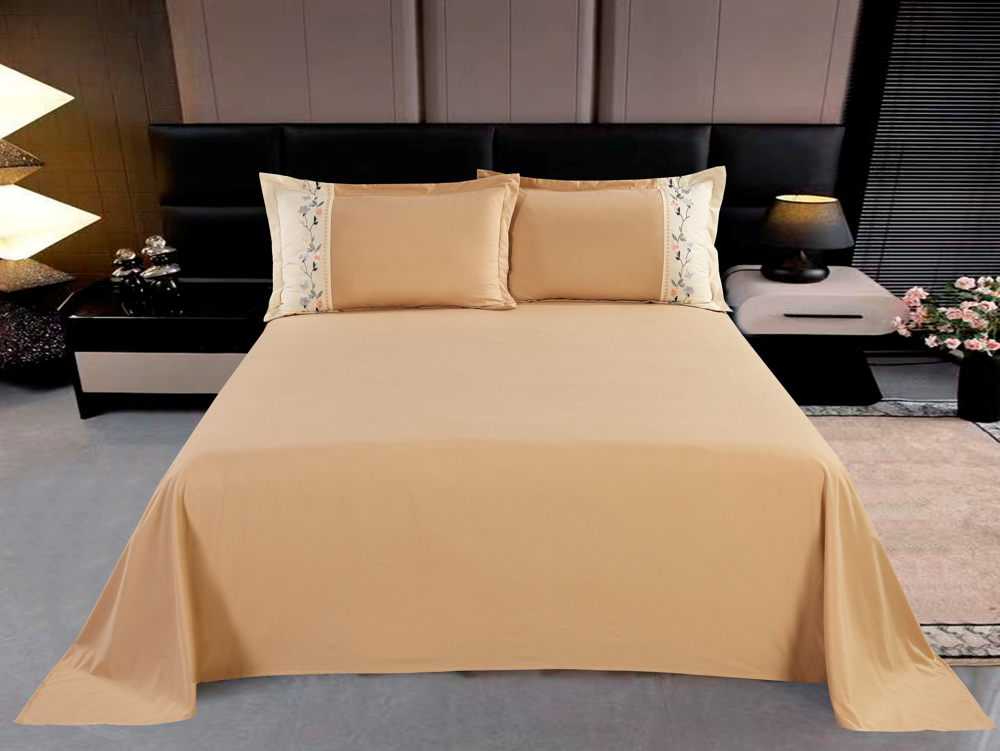 Polyester Brushed Fabric 3-Piece Sheet Set | Bed Sheet & 2 Spliced Embroidery Pillowcases