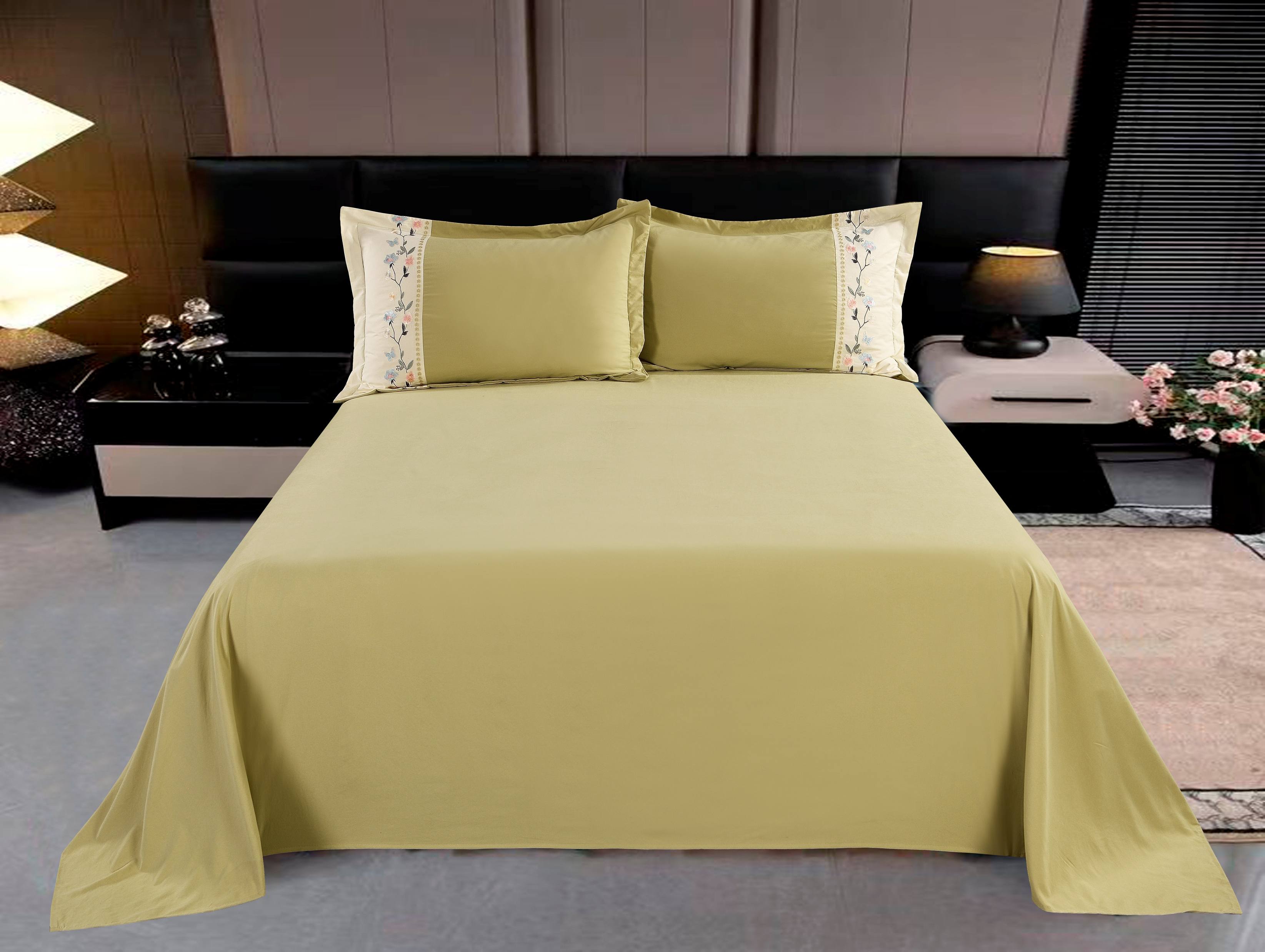 Polyester Brushed Fabric 3-Piece Sheet Set | Bed Sheet & 2 Spliced Embroidery Pillowcases