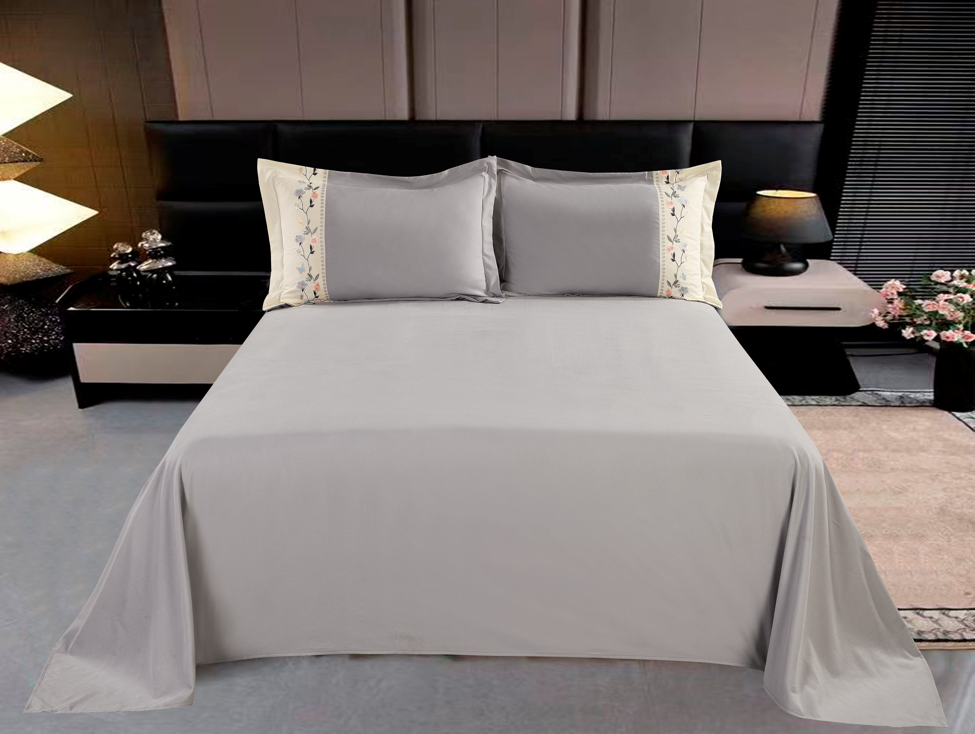 Polyester Brushed Fabric 3-Piece Sheet Set | Bed Sheet & 2 Spliced Embroidery Pillowcases