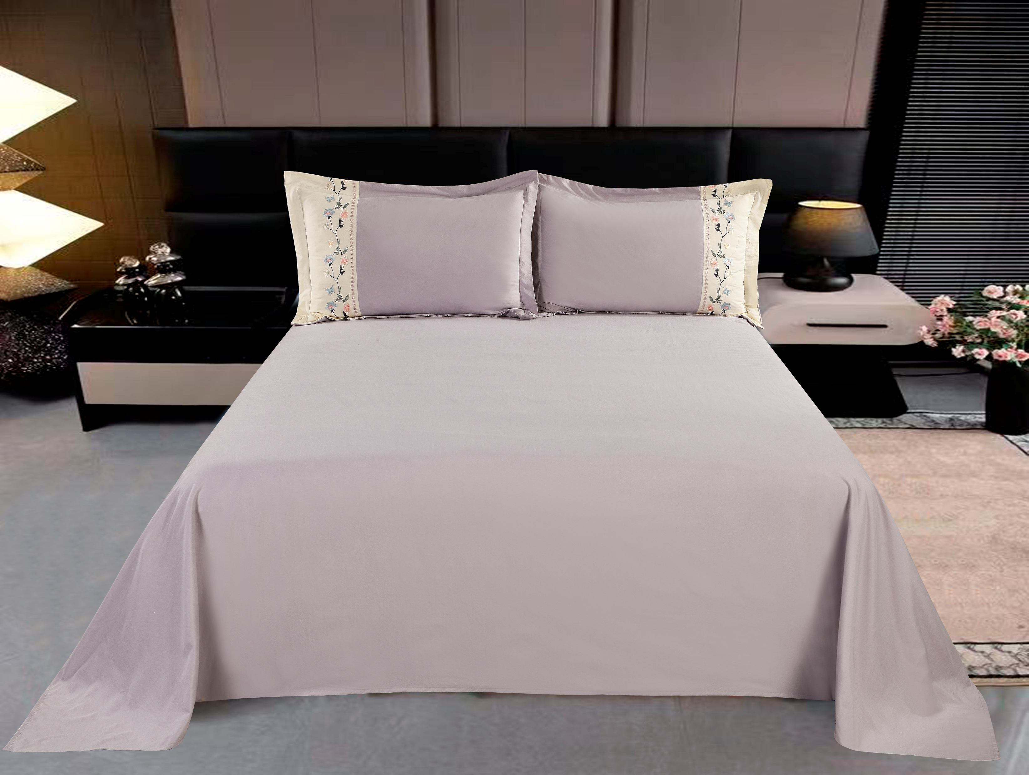 Polyester Brushed Fabric 3-Piece Sheet Set | Bed Sheet & 2 Spliced Embroidery Pillowcases