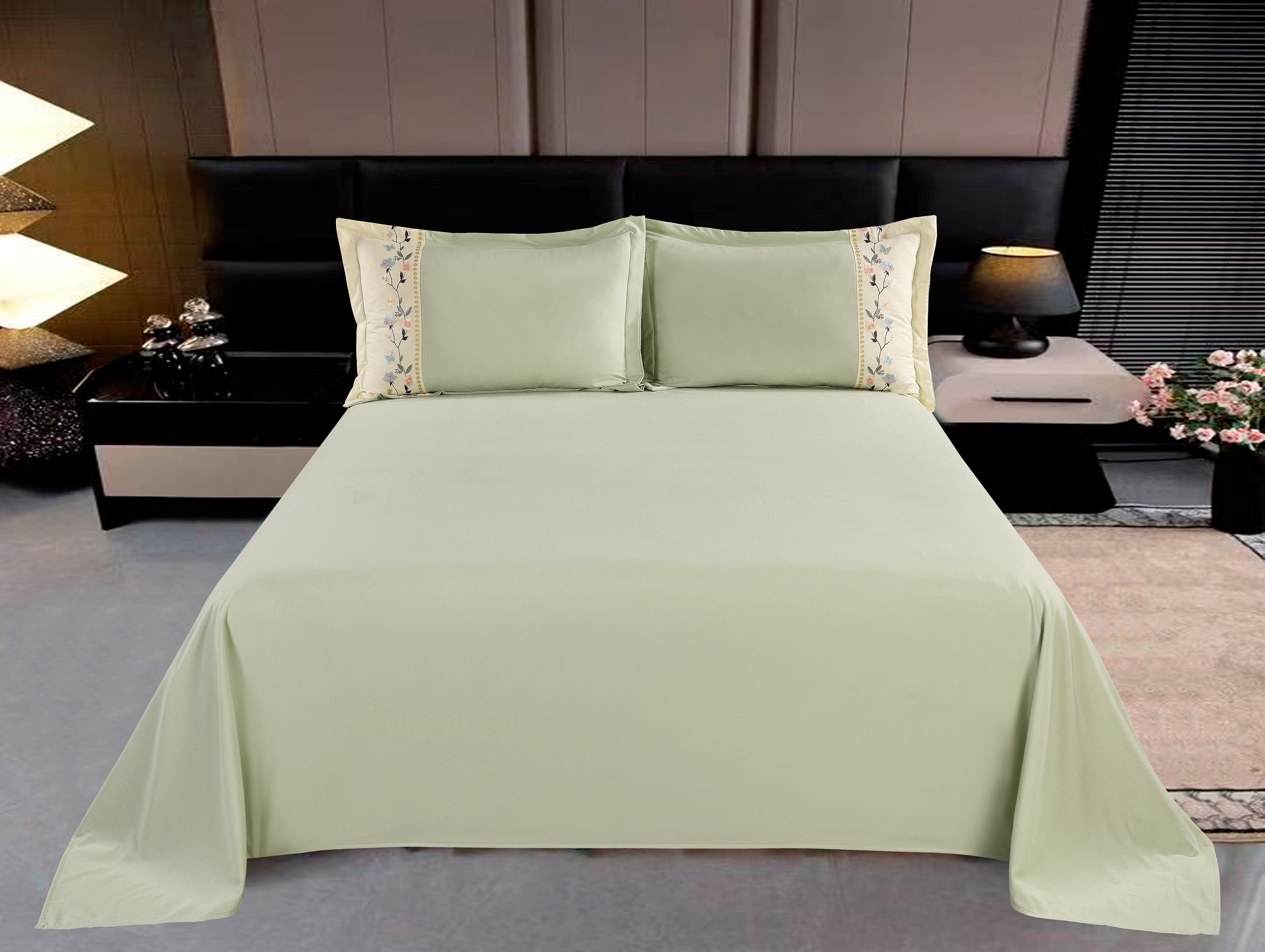 Polyester Brushed Fabric 3-Piece Sheet Set | Bed Sheet & 2 Spliced Embroidery Pillowcases