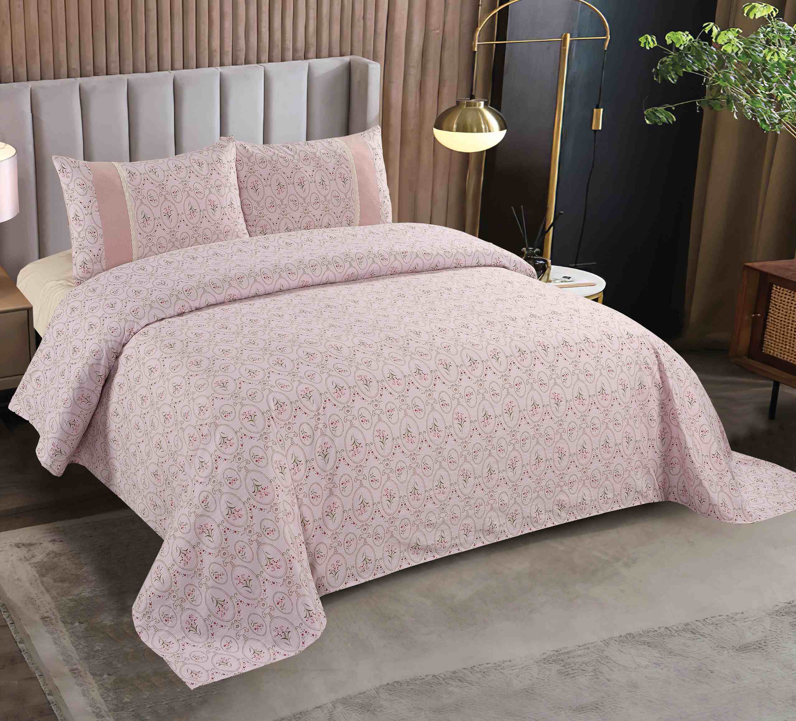 Polyester Brushed Printed 3-Piece Sheet Set | Bed Sheet & 2 Spliced Pillowcases
