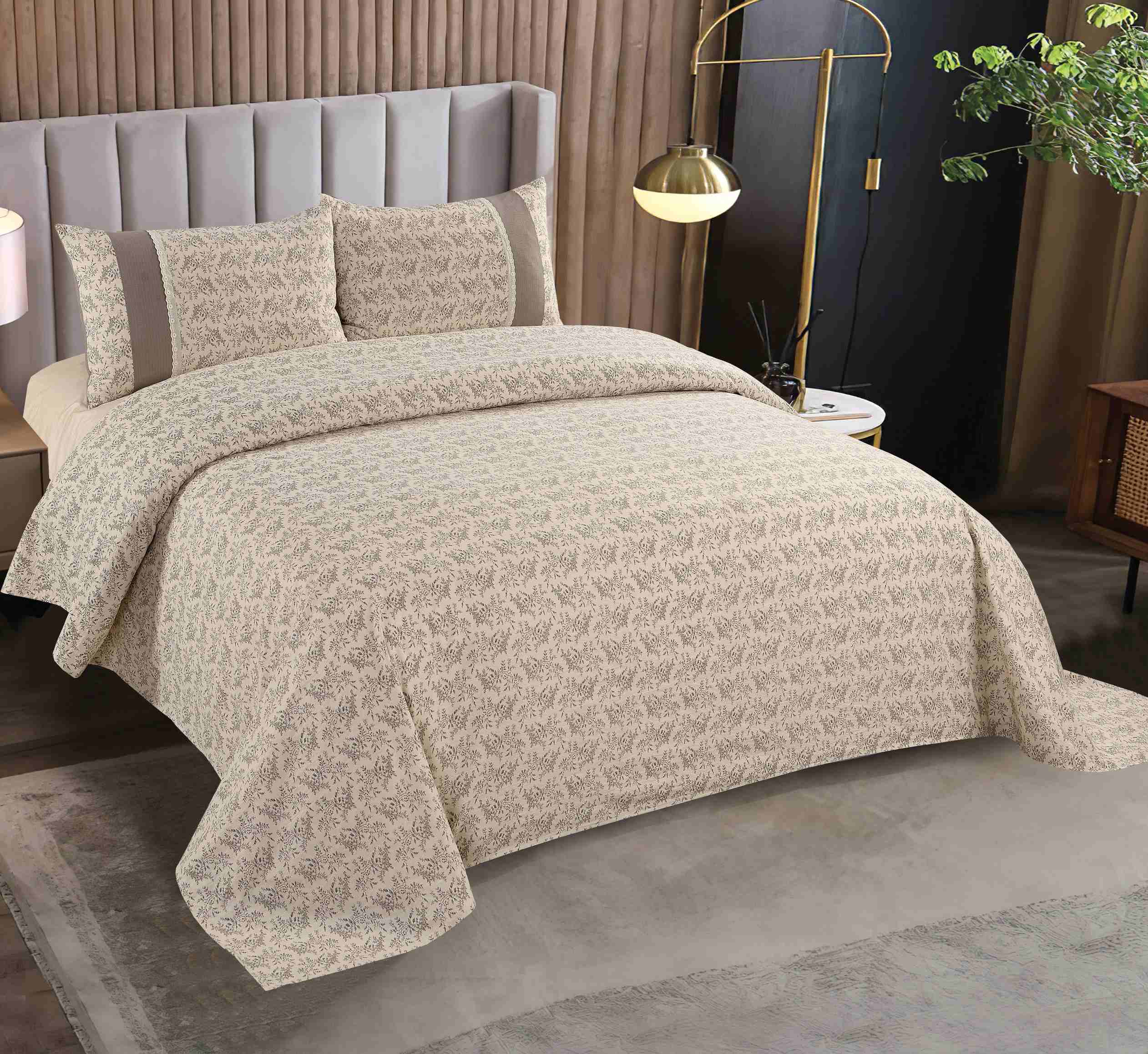 Polyester Brushed Printed 3-Piece Sheet Set | Bed Sheet & 2 Spliced Pillowcases