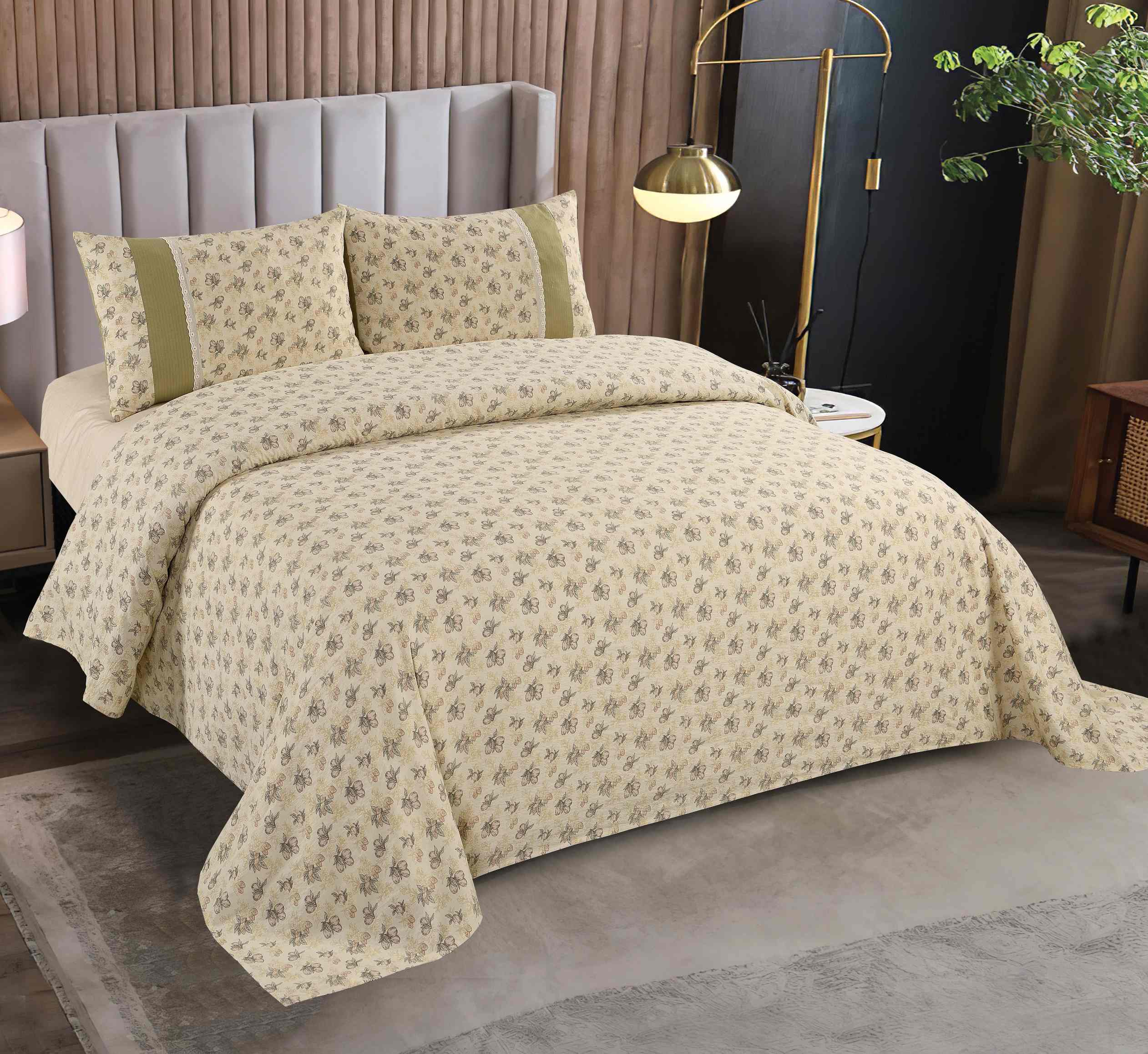 Polyester Brushed Printed 3-Piece Sheet Set | Bed Sheet & 2 Spliced Pillowcases