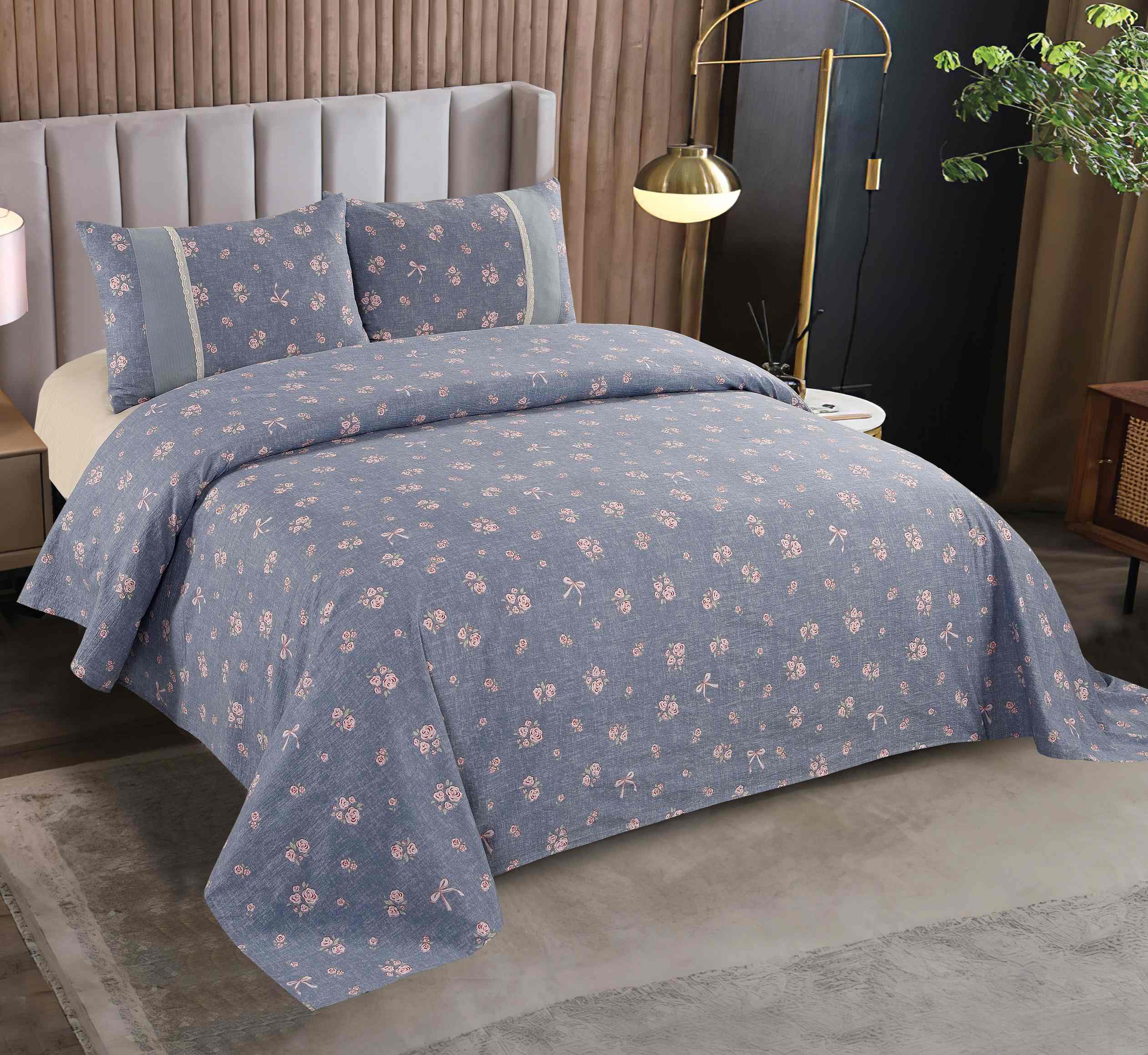 Polyester Brushed Printed 3-Piece Sheet Set | Bed Sheet & 2 Spliced Pillowcases