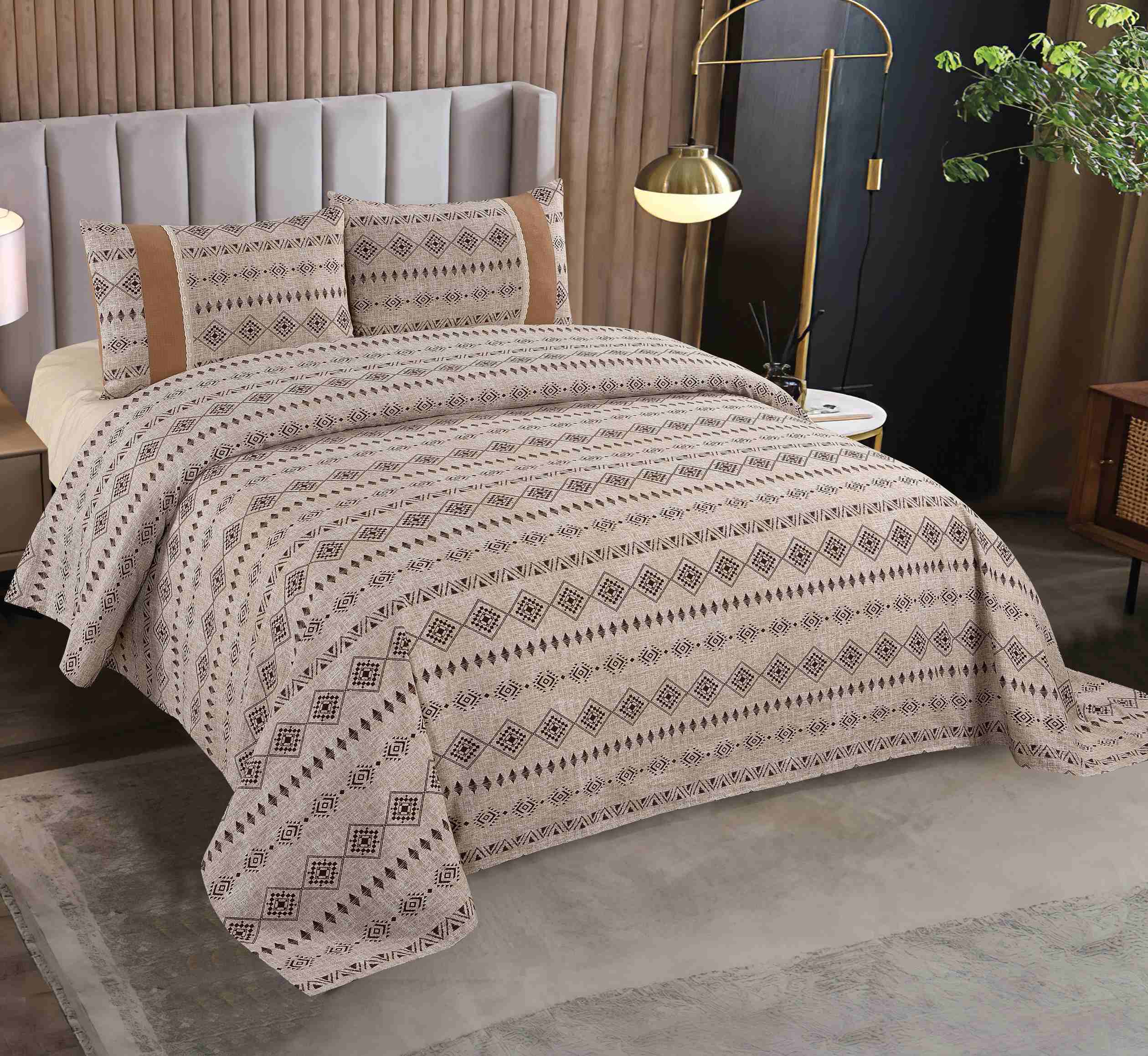 Polyester Brushed Printed 3-Piece Sheet Set | Bed Sheet & 2 Spliced Pillowcases