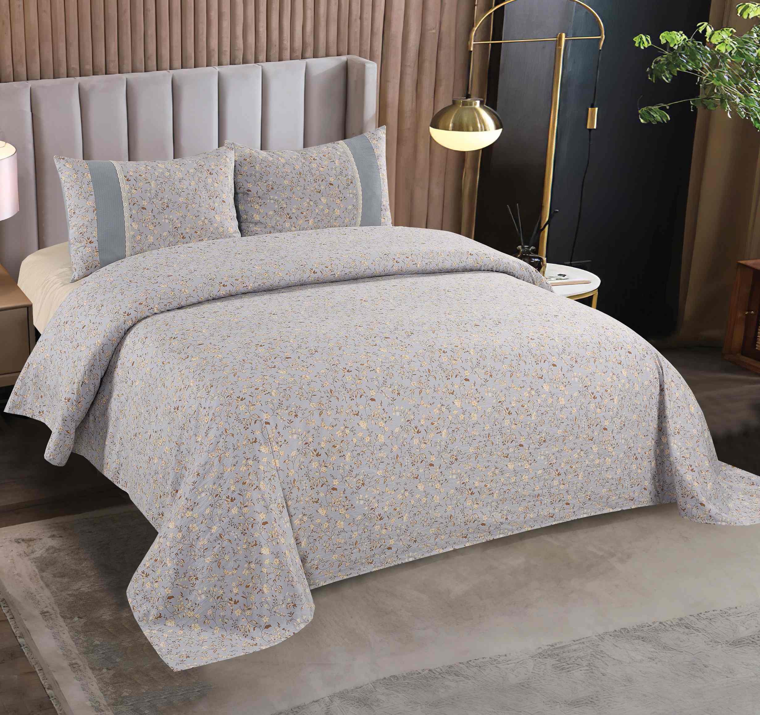 Polyester Brushed Printed 3-Piece Sheet Set | Bed Sheet & 2 Spliced Pillowcases