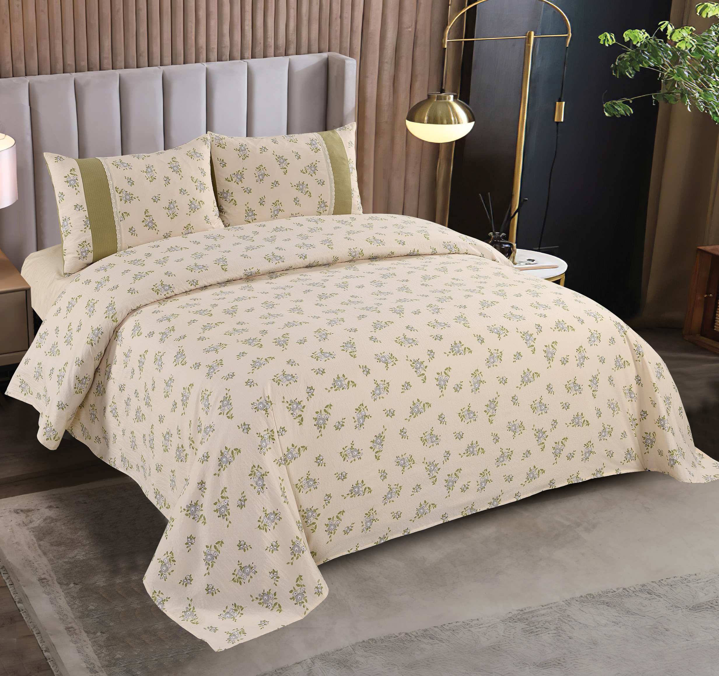 Polyester Brushed Printed 3-Piece Sheet Set | Bed Sheet & 2 Spliced Pillowcases