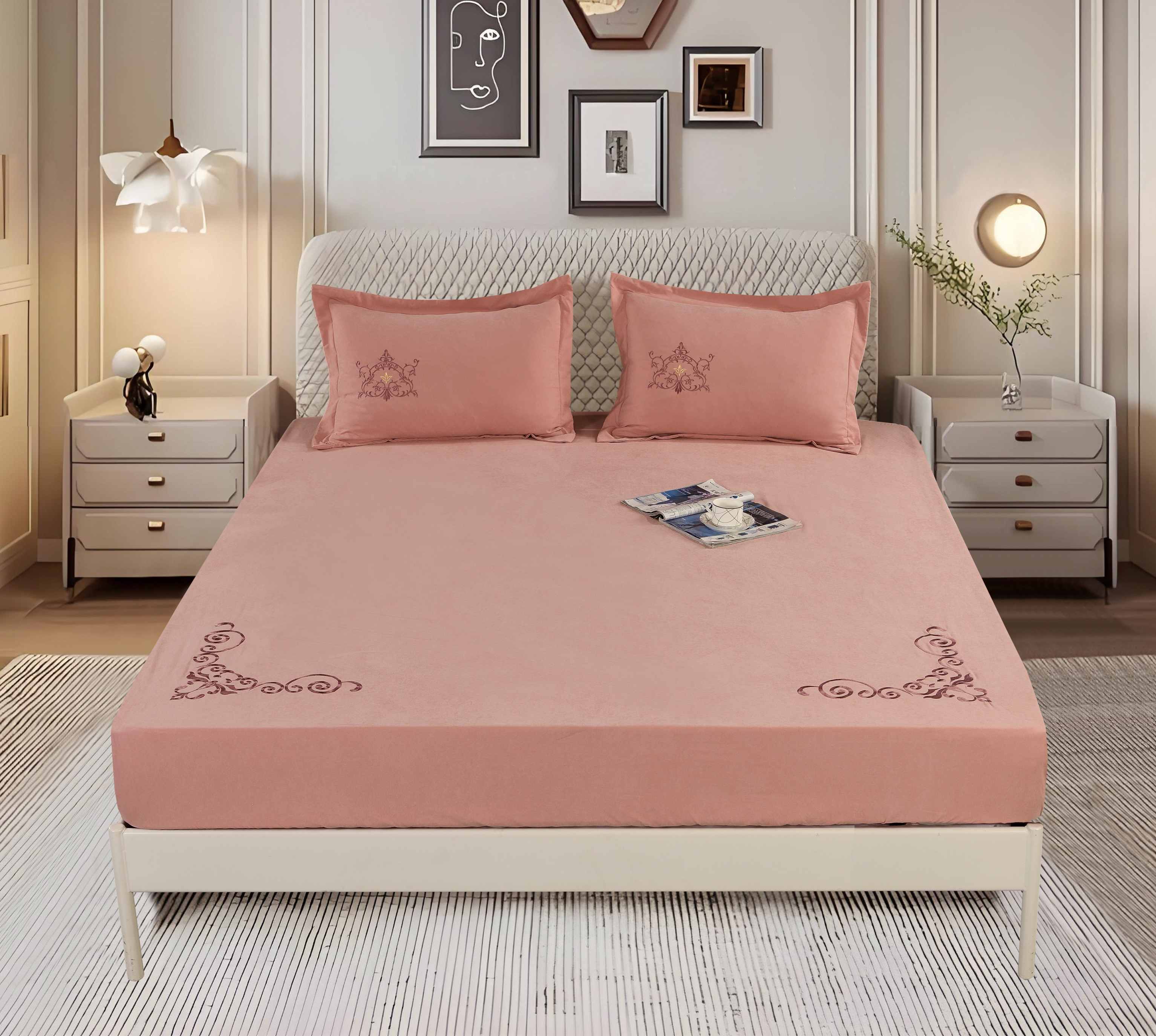 Polyester Cotton-Like 3-Piece Fitted Sheet Set | Embroidered Fitted Sheet & 2 Embroidered Pillowcases