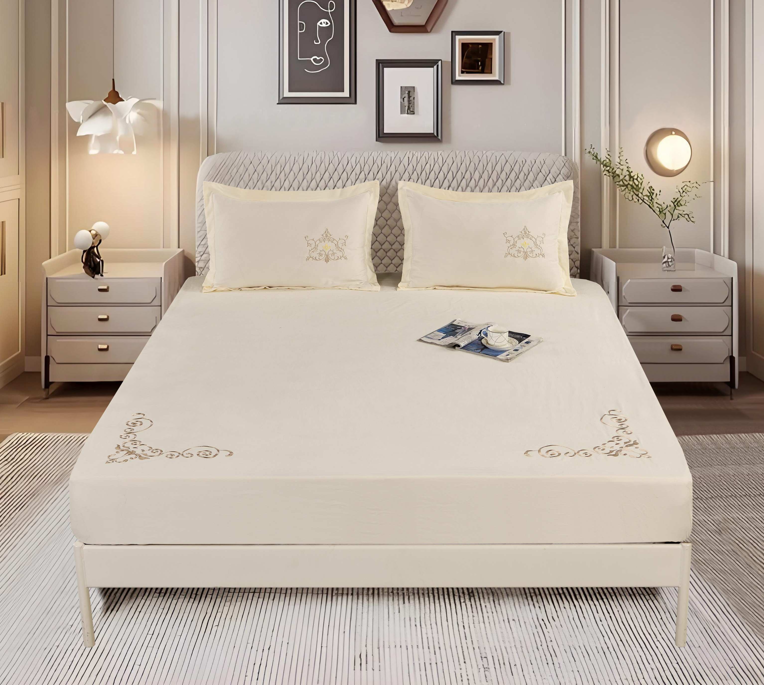 Polyester Cotton-Like 3-Piece Fitted Sheet Set | Embroidered Fitted Sheet & 2 Embroidered Pillowcases