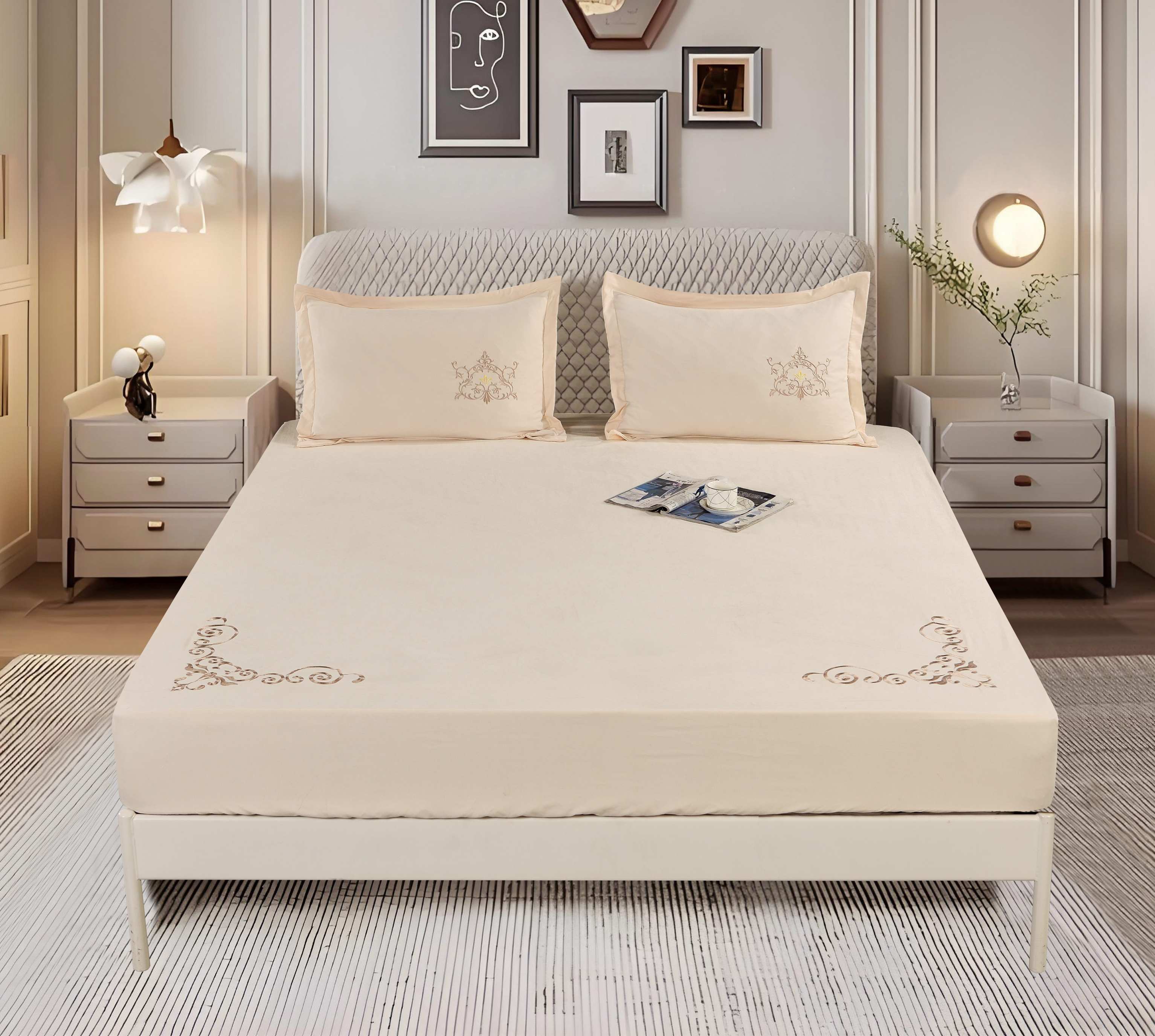 Polyester Cotton-Like 3-Piece Fitted Sheet Set | Embroidered Fitted Sheet & 2 Embroidered Pillowcases