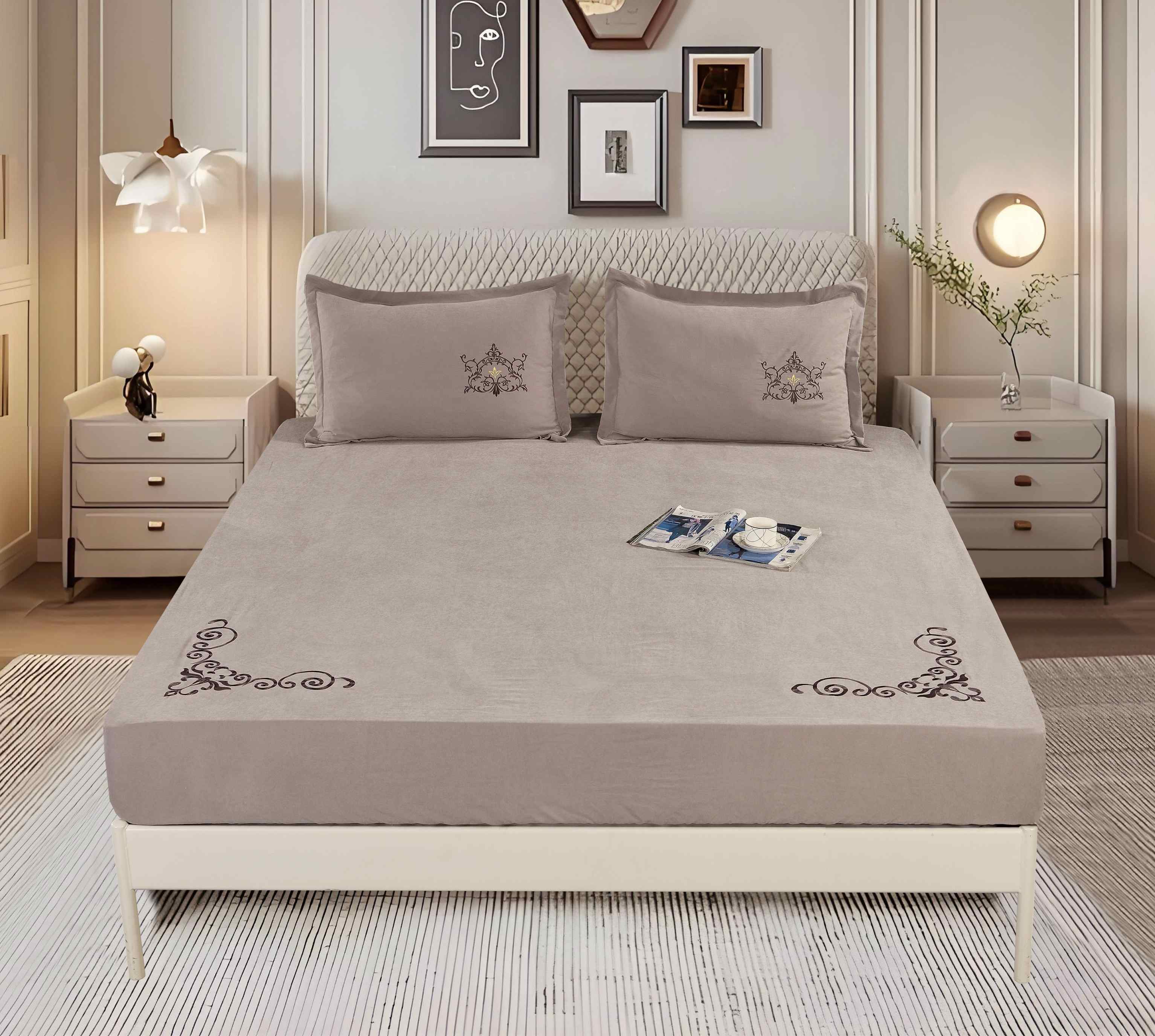 Polyester Cotton-Like 3-Piece Fitted Sheet Set | Embroidered Fitted Sheet & 2 Embroidered Pillowcases