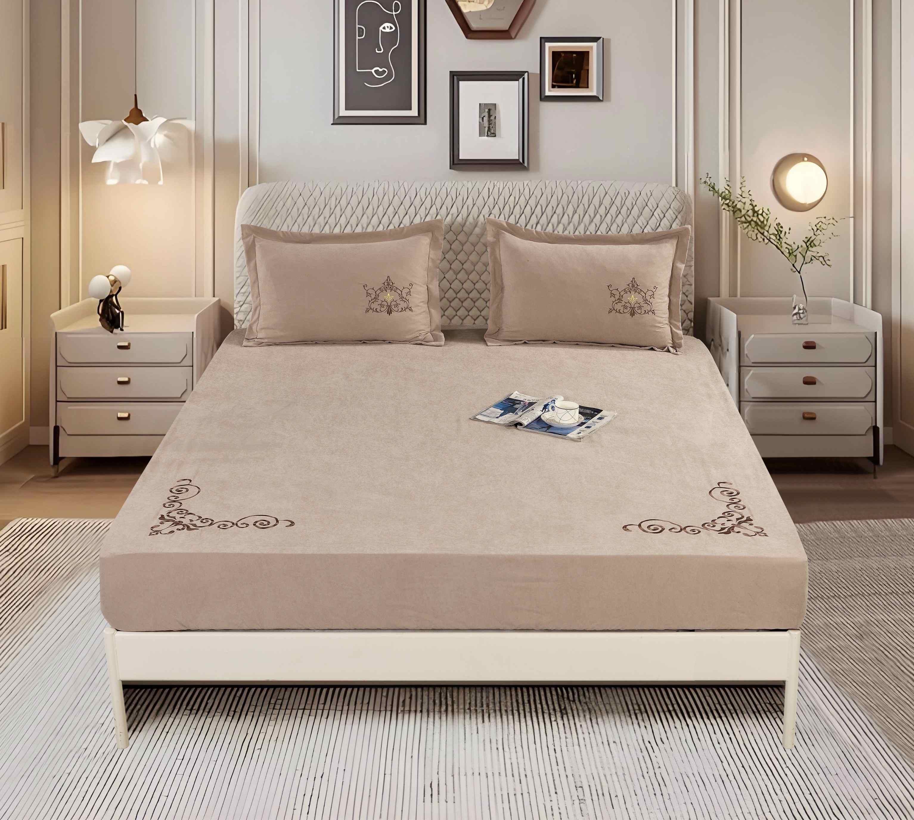 Polyester Cotton-Like 3-Piece Fitted Sheet Set | Embroidered Fitted Sheet & 2 Embroidered Pillowcases