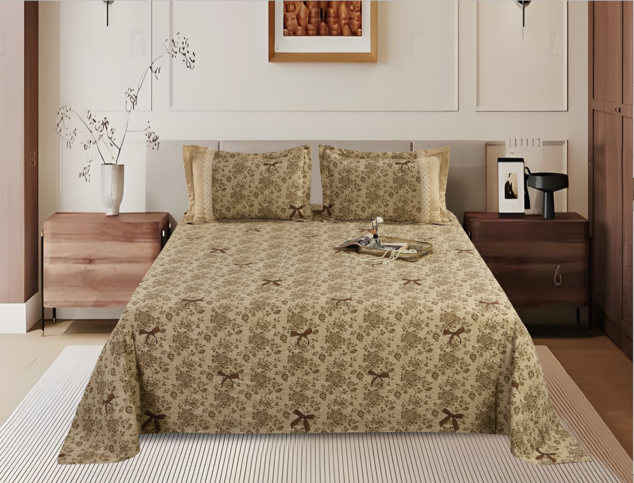 Printed Polyester Bed Sheet 3-Piece Set | 1 Bed Sheet + 2 Lace Splicing Pillowcases, Multiple Pattern Options Available