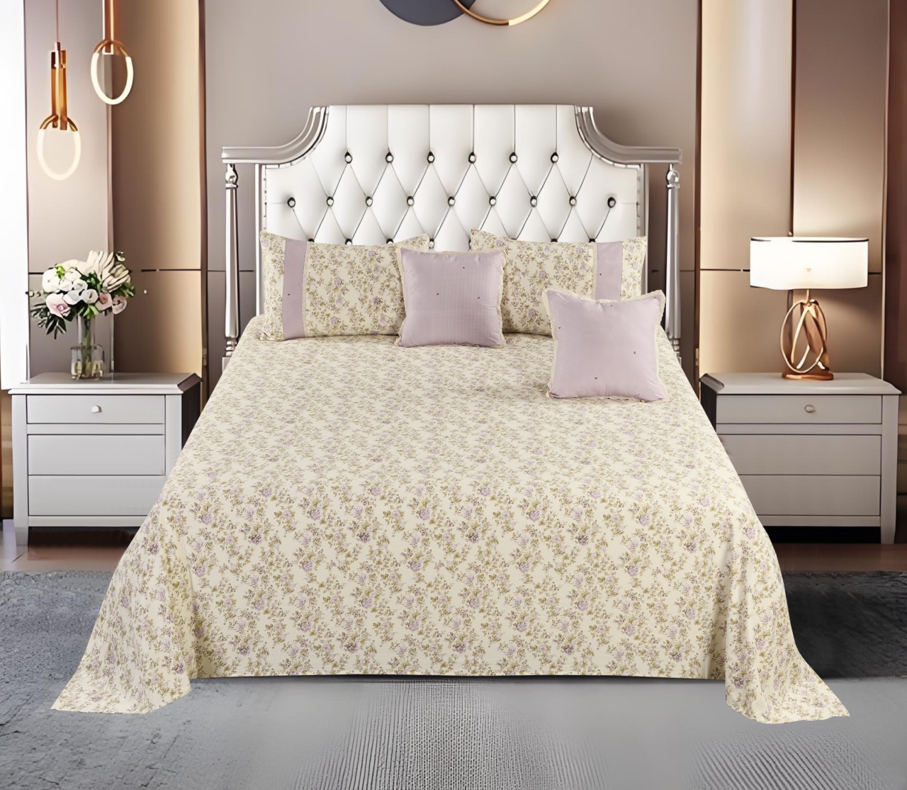 Floral Printed Polyester Bed Sheet 5-Piece Set | 1 Bed Sheet + 2 Lace Splicing Pillowcases + 2 Lace Cushion Covers, Various Floral Patterns Available