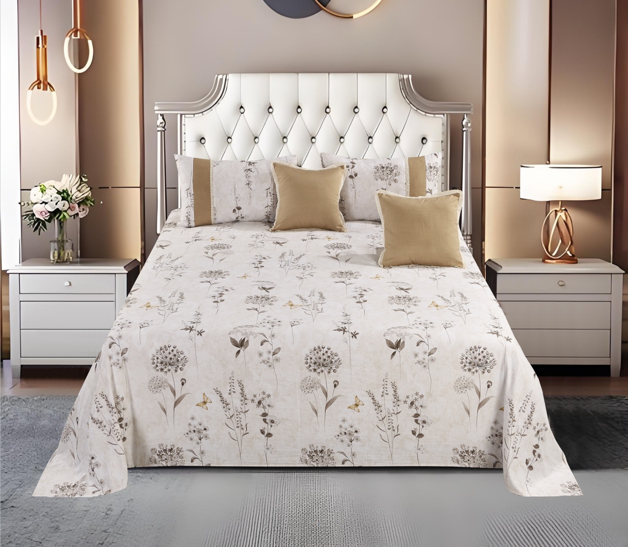 Floral Printed Polyester Bed Sheet 5-Piece Set | 1 Bed Sheet + 2 Lace Splicing Pillowcases + 2 Lace Cushion Covers, Various Floral Patterns Available