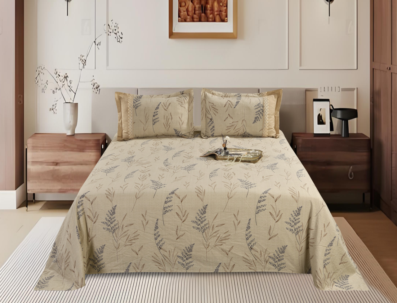 Printed Polyester Bed Sheet 3-Piece Set | 1 Bed Sheet + 2 Lace Splicing Pillowcases, Multiple Pattern Options Available