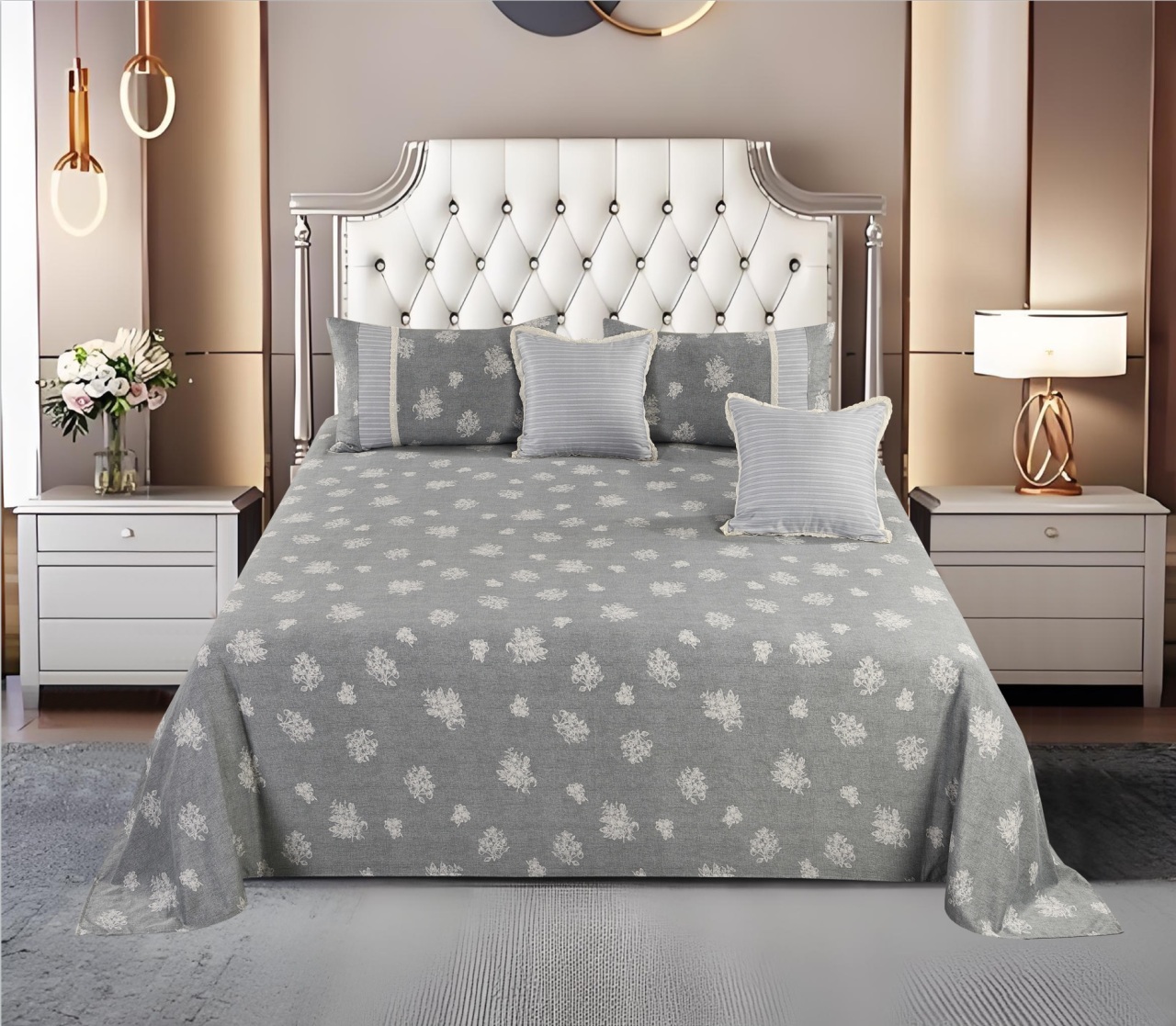 Floral Printed Polyester Bed Sheet 5-Piece Set | 1 Bed Sheet + 2 Lace Splicing Pillowcases + 2 Lace Cushion Covers, Various Floral Patterns Available