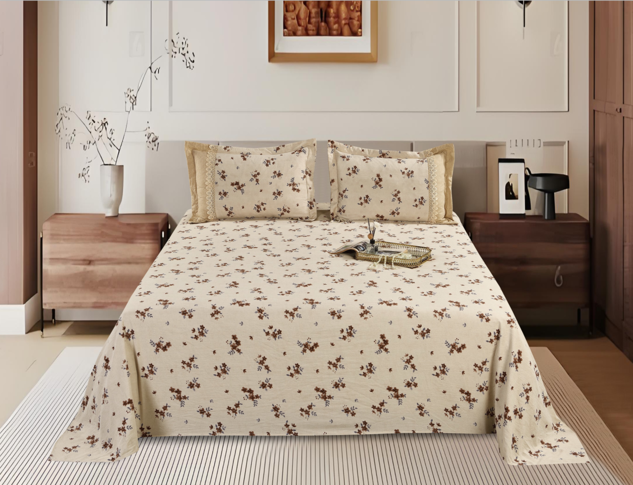 Printed Polyester Bed Sheet 3-Piece Set | 1 Bed Sheet + 2 Lace Splicing Pillowcases, Multiple Pattern Options Available