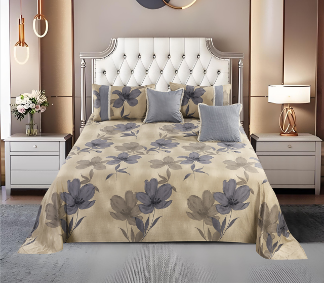 Floral Printed Polyester Bed Sheet 5-Piece Set | 1 Bed Sheet + 2 Lace Splicing Pillowcases + 2 Lace Cushion Covers, Various Floral Patterns Available