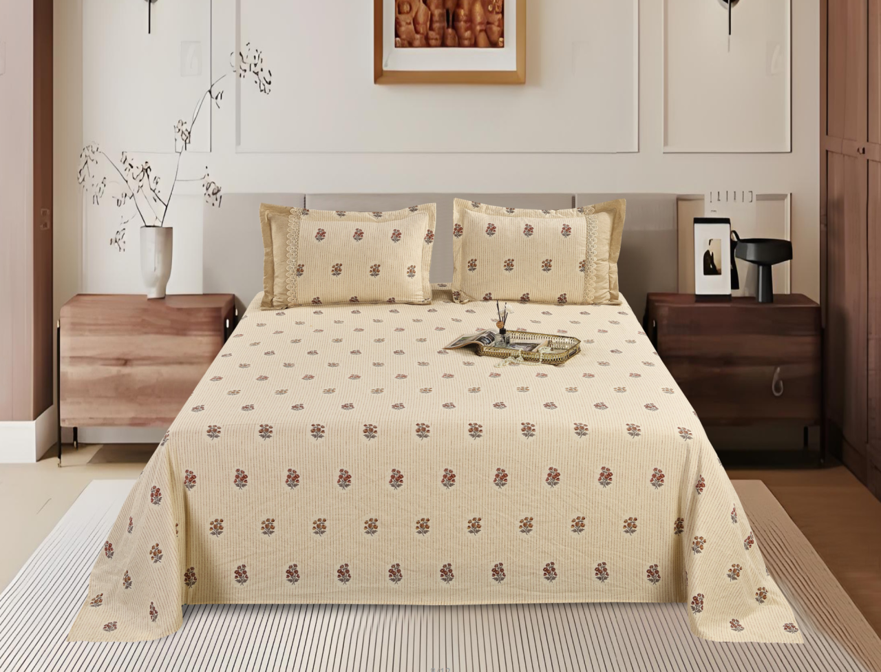 Printed Polyester Bed Sheet 3-Piece Set | 1 Bed Sheet + 2 Lace Splicing Pillowcases, Multiple Pattern Options Available