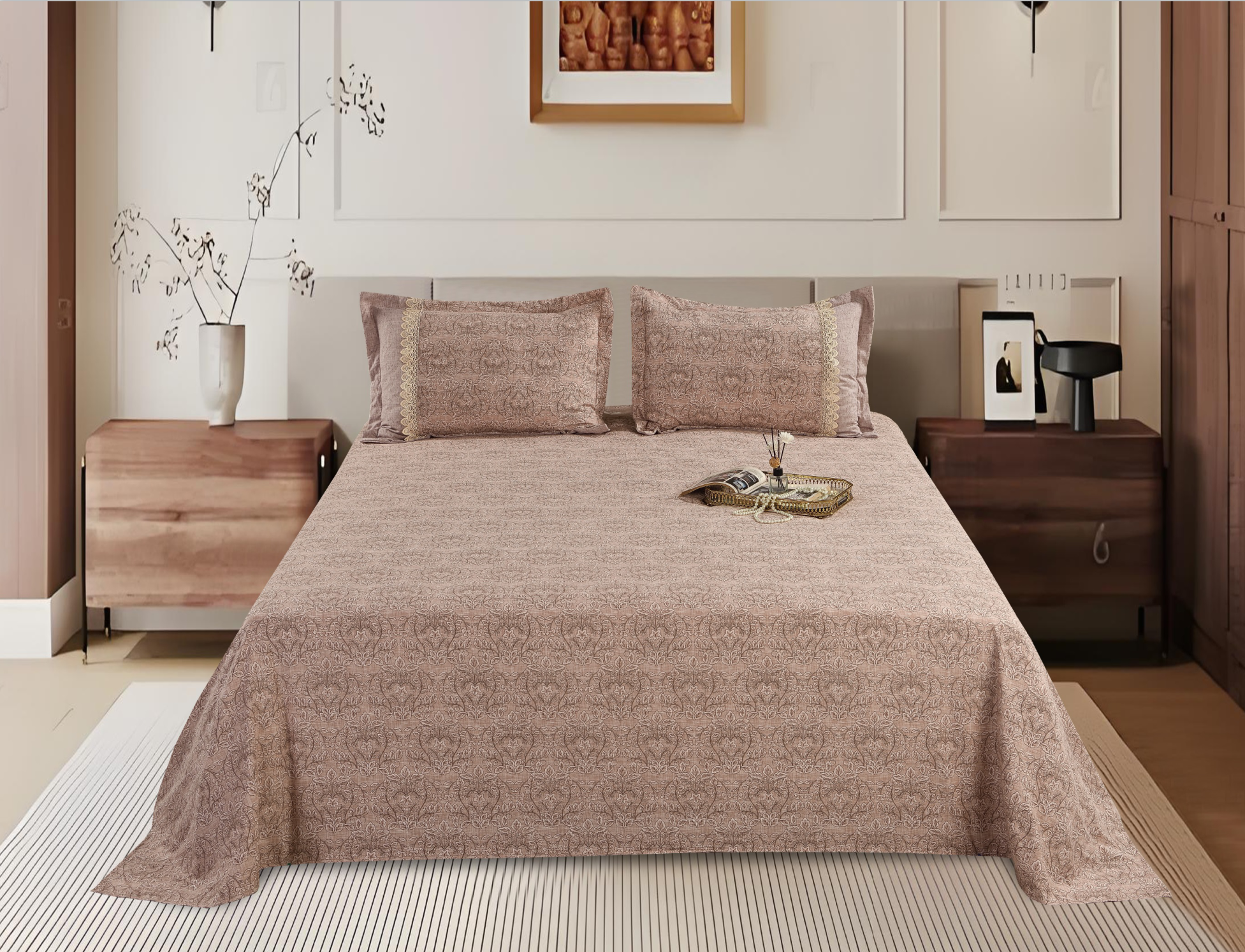 Printed Polyester Bed Sheet 3-Piece Set | 1 Bed Sheet + 2 Lace Splicing Pillowcases, Multiple Pattern Options Available