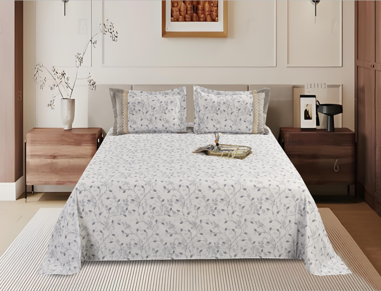 Printed Polyester Bed Sheet 3-Piece Set | 1 Bed Sheet + 2 Lace Splicing Pillowcases, Multiple Pattern Options Available