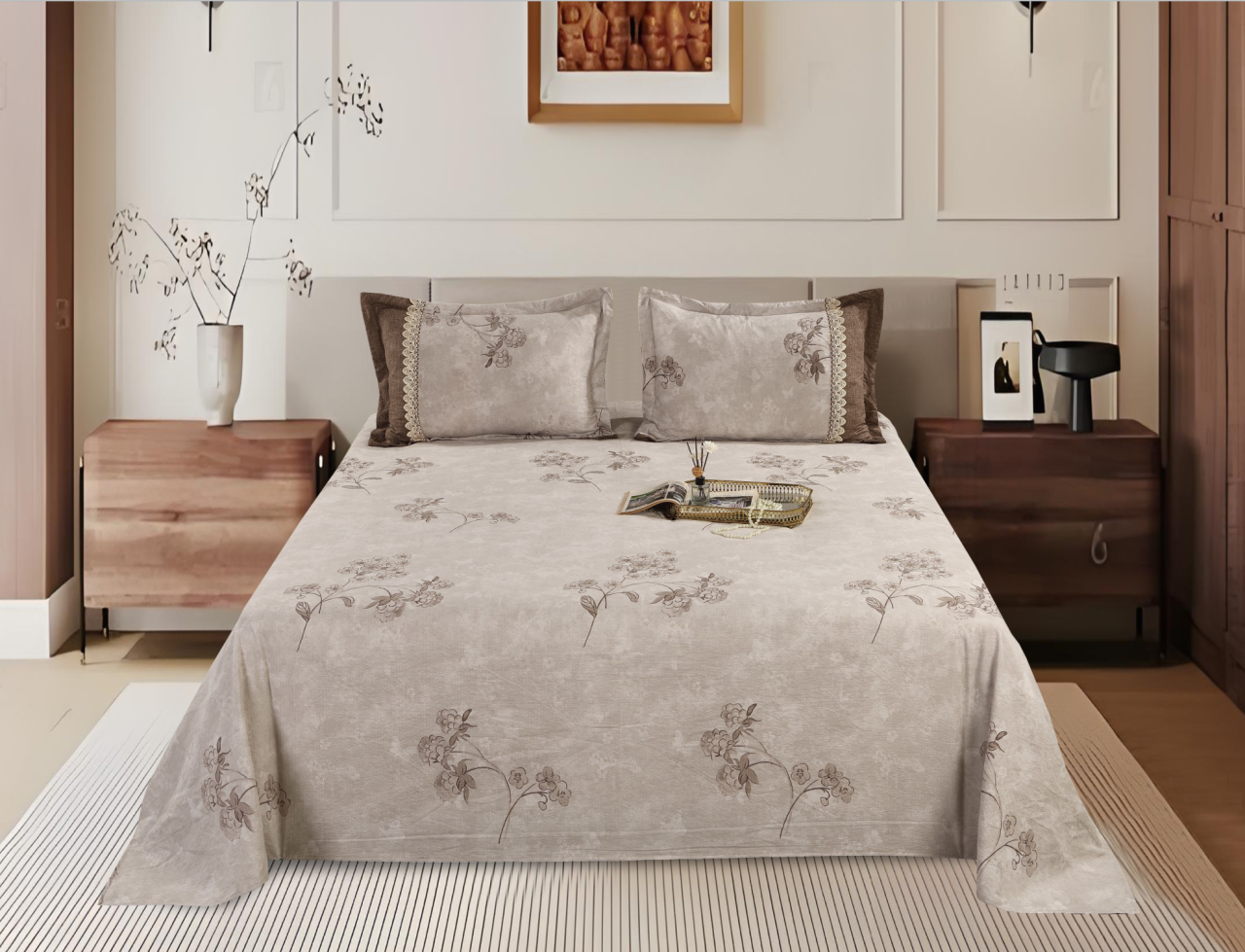 Printed Polyester Bed Sheet 3-Piece Set | 1 Bed Sheet + 2 Lace Splicing Pillowcases, Multiple Pattern Options Available