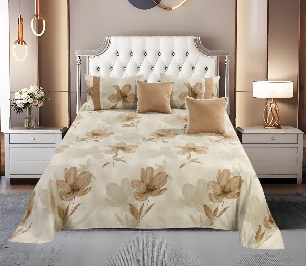 Floral Printed Polyester Bed Sheet 5-Piece Set | 1 Bed Sheet + 2 Lace Splicing Pillowcases + 2 Lace Cushion Covers, Various Floral Patterns Available