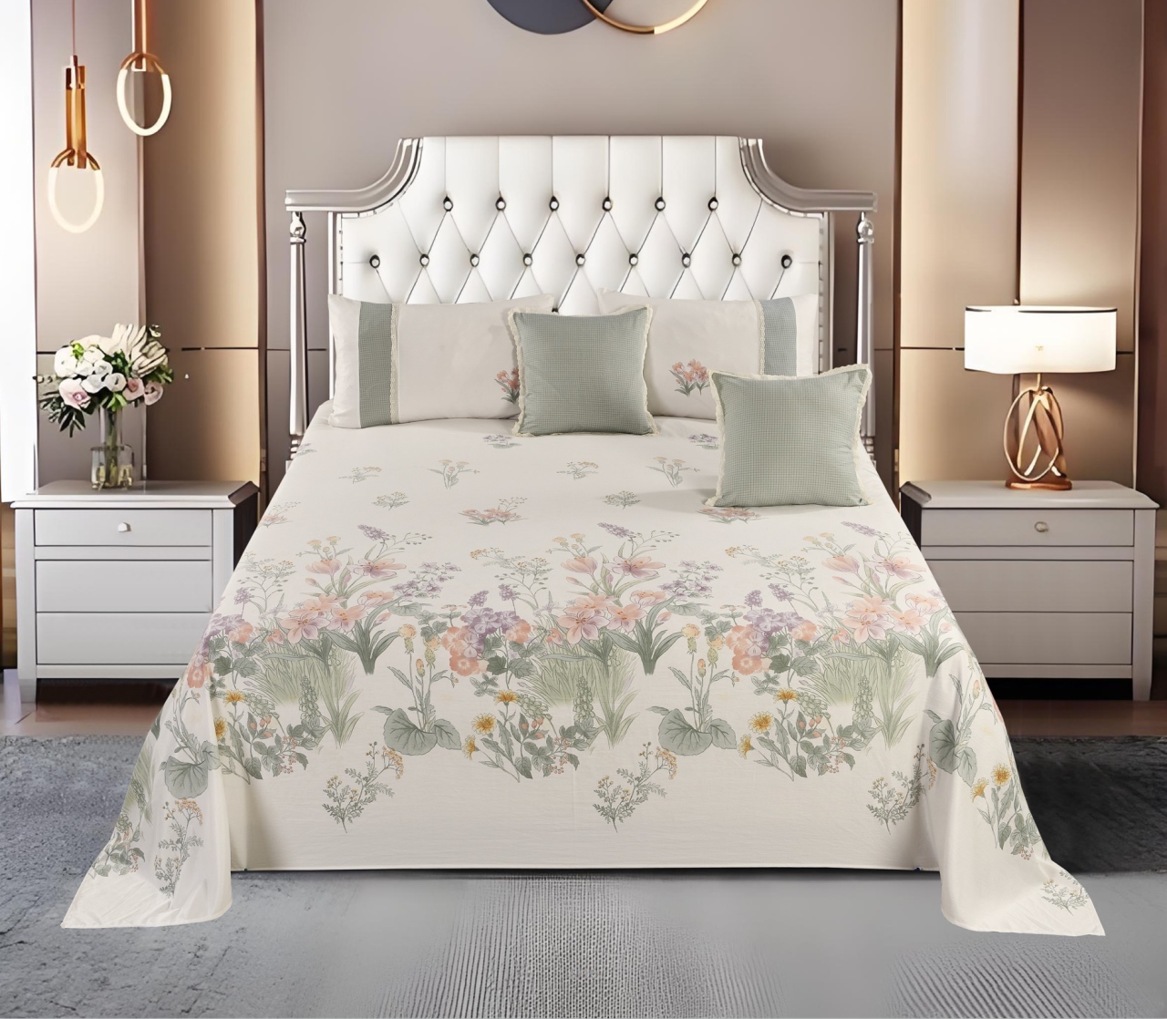 Floral Printed Polyester Bed Sheet 5-Piece Set | 1 Bed Sheet + 2 Lace Splicing Pillowcases + 2 Lace Cushion Covers, Various Floral Patterns Available
