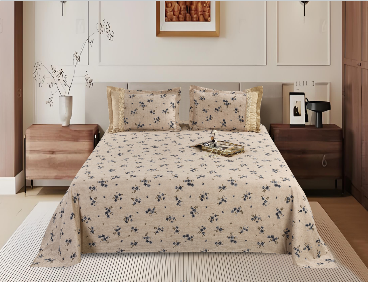 Printed Polyester Bed Sheet 3-Piece Set | 1 Bed Sheet + 2 Lace Splicing Pillowcases, Multiple Pattern Options Available
