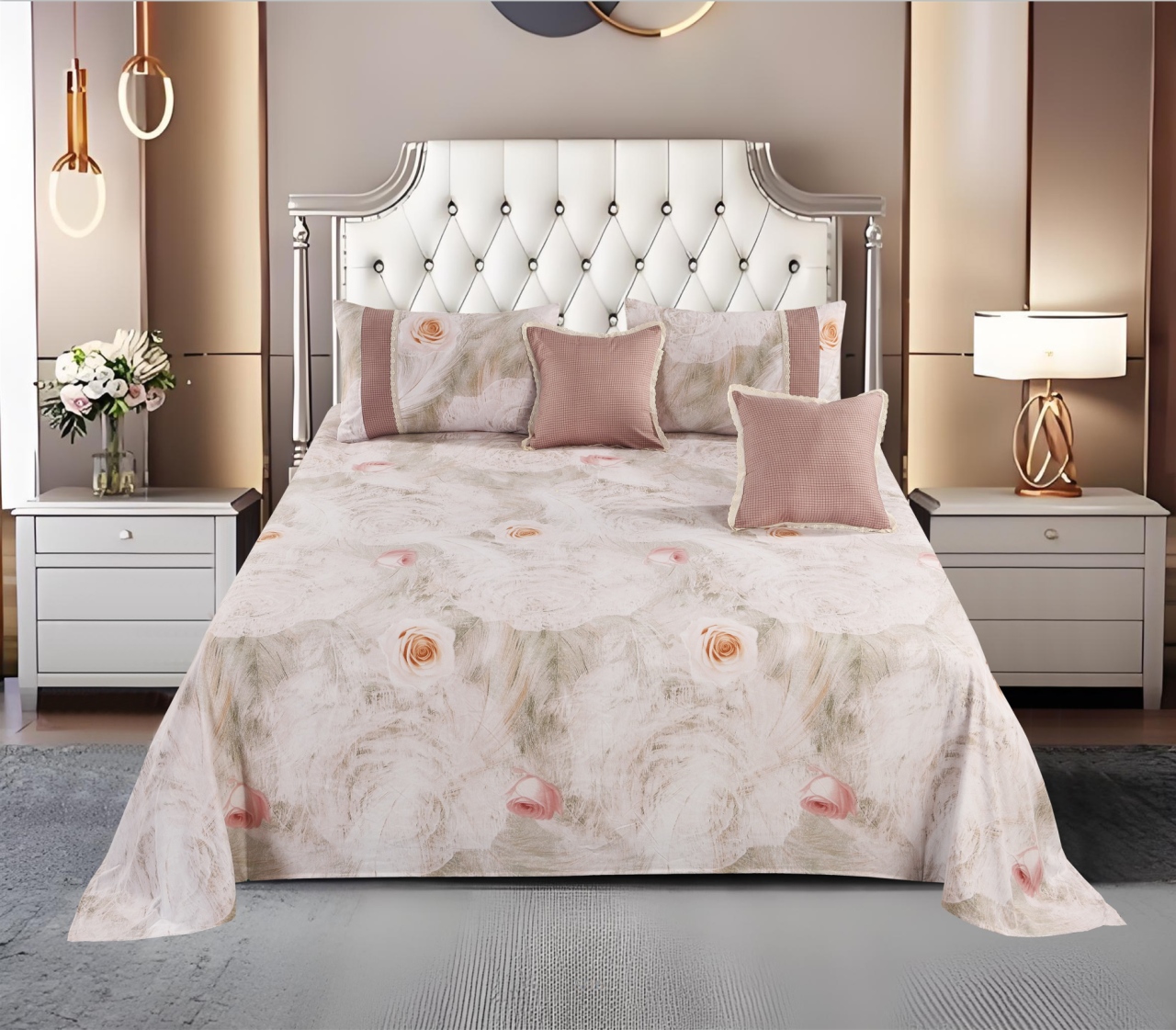 Floral Printed Polyester Bed Sheet 5-Piece Set | 1 Bed Sheet + 2 Lace Splicing Pillowcases + 2 Lace Cushion Covers, Various Floral Patterns Available