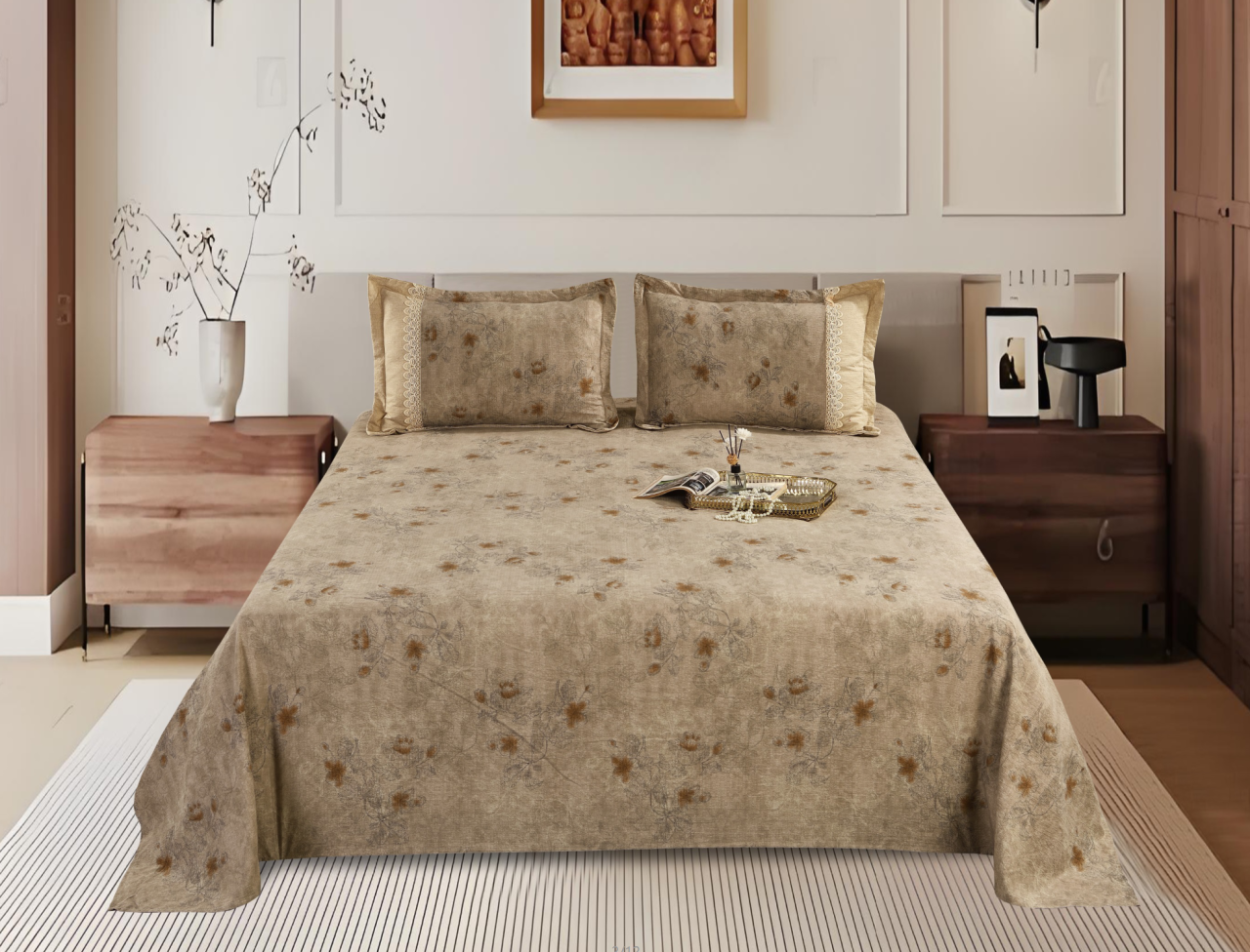 Printed Polyester Bed Sheet 3-Piece Set | 1 Bed Sheet + 2 Lace Splicing Pillowcases, Multiple Pattern Options Available