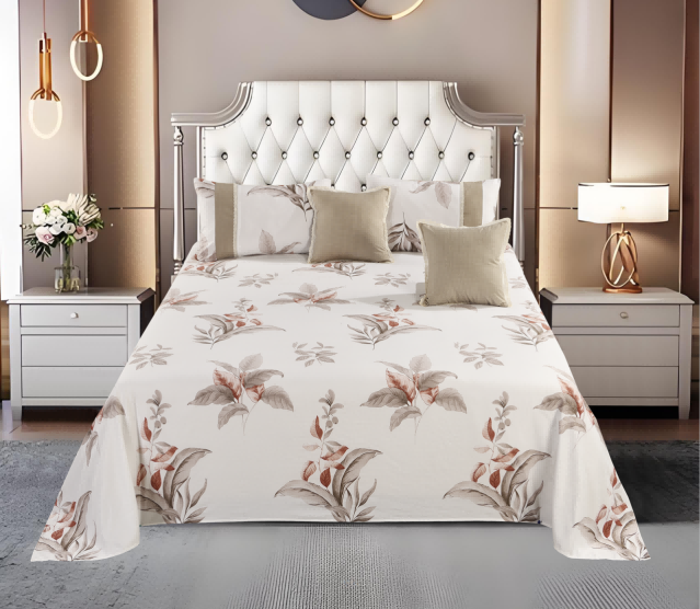 Floral Printed Polyester Bed Sheet 5-Piece Set | 1 Bed Sheet + 2 Lace Splicing Pillowcases + 2 Lace Cushion Covers, Various Floral Patterns Available