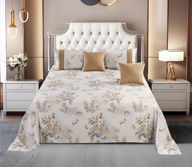 Floral Printed Polyester Bed Sheet 5-Piece Set | 1 Bed Sheet + 2 Lace Splicing Pillowcases + 2 Lace Cushion Covers, Various Floral Patterns Available