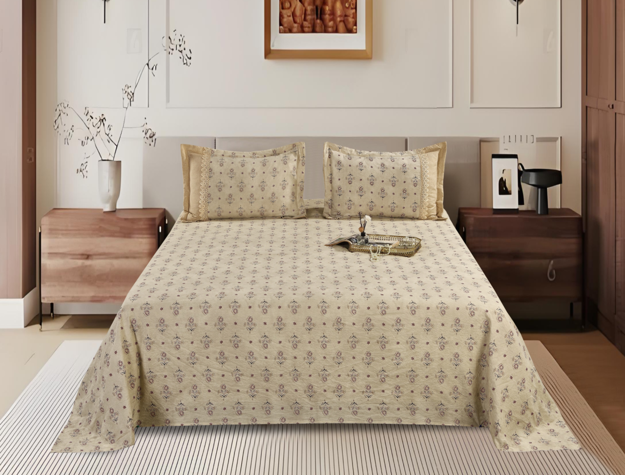 Printed Polyester Bed Sheet 3-Piece Set | 1 Bed Sheet + 2 Lace Splicing Pillowcases, Multiple Pattern Options Available