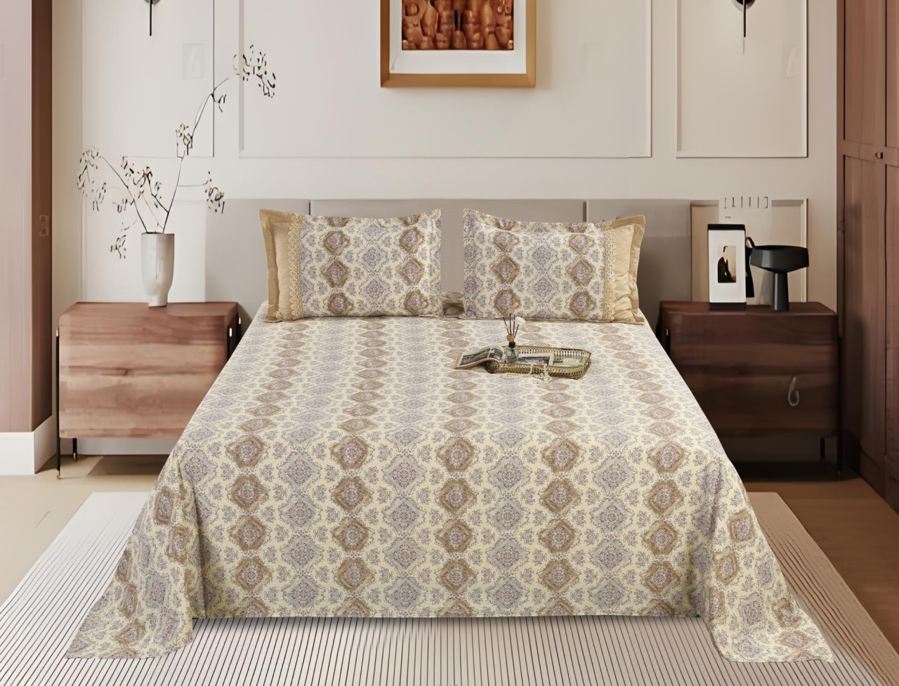 Printed Polyester Bed Sheet 3-Piece Set | 1 Bed Sheet + 2 Lace Splicing Pillowcases, Multiple Pattern Options Available