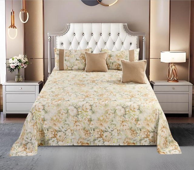 Floral Printed Polyester Bed Sheet 5-Piece Set | 1 Bed Sheet + 2 Lace Splicing Pillowcases + 2 Lace Cushion Covers, Various Floral Patterns Available